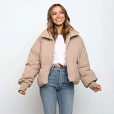 Stehkragen Seitentasche Reißverschluss Vorne Langarm Pufferjacke - Khaki